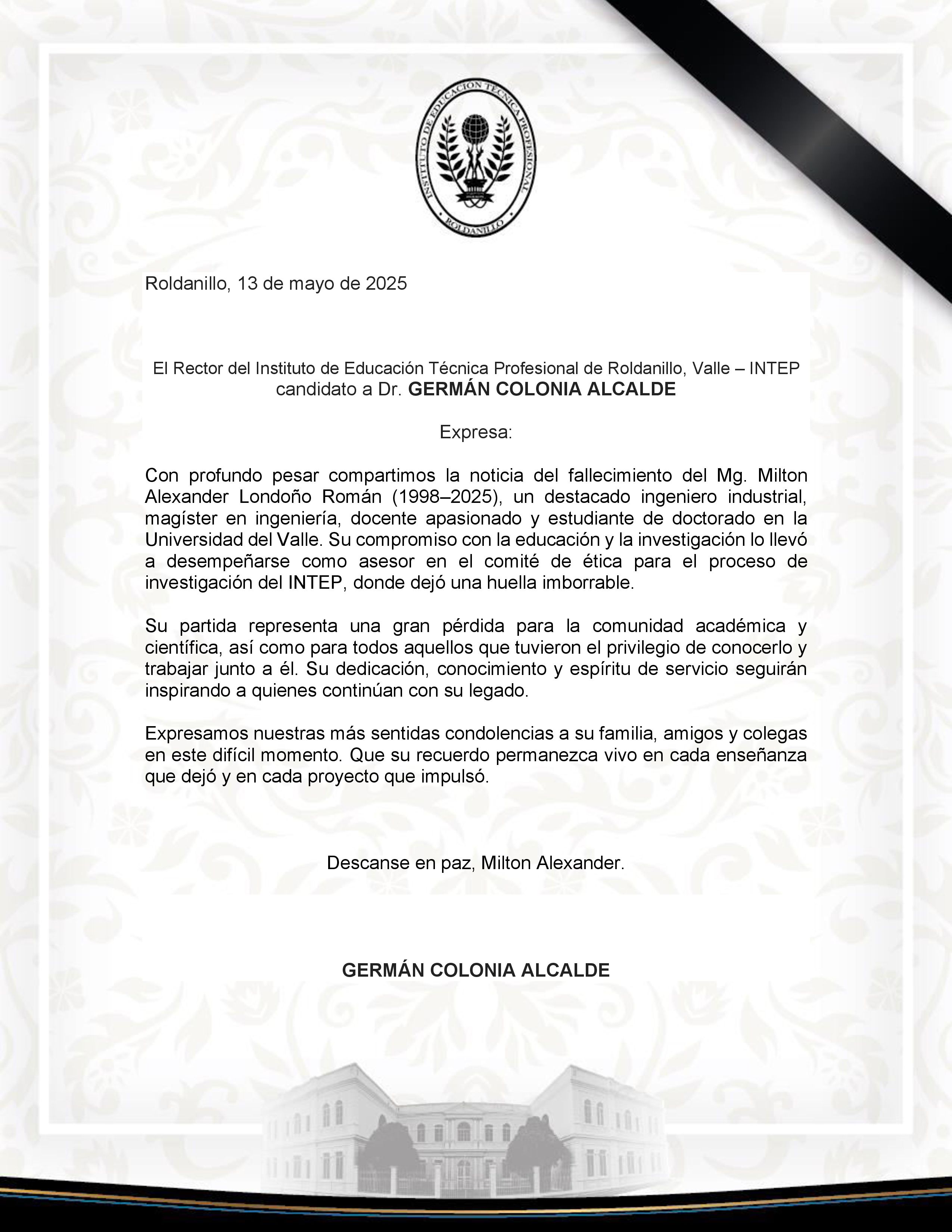 CONDOLENCIAS INSTITUCIONALES